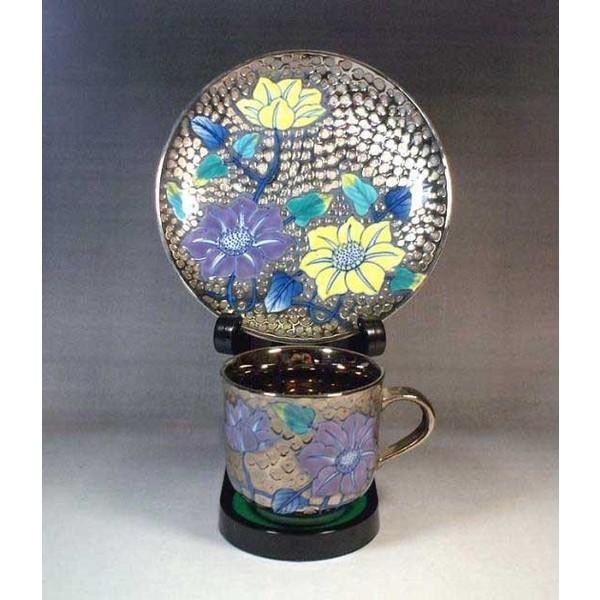 プラチナ彩鉄線花絵 染錦 藤井錦彩作 陶芸 珈琲碗 有田焼 カップ&ソーサー 藤井錦彩作】染付木の葉文様コーヒーカップペアセット 陶芸家 有田焼 工芸品