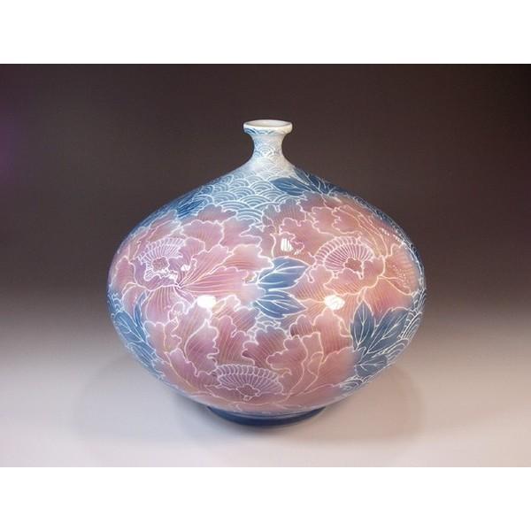 有田焼 染錦金彩釉裏紅青海波牡丹絵花瓶｜陶芸作家　藤井錦彩 作