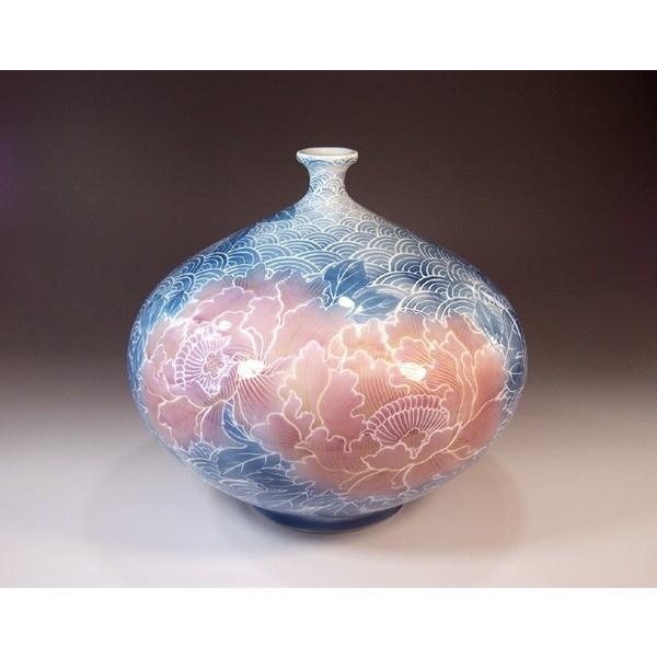 有田焼 染錦金彩釉裏紅青海波牡丹絵花瓶｜陶芸作家　藤井錦彩 作_1