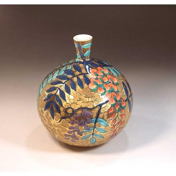 有田焼 藤井錦彩 染錦 桜絵 菖蒲絵 扇割 美術品 鶴首 花瓶 共箱