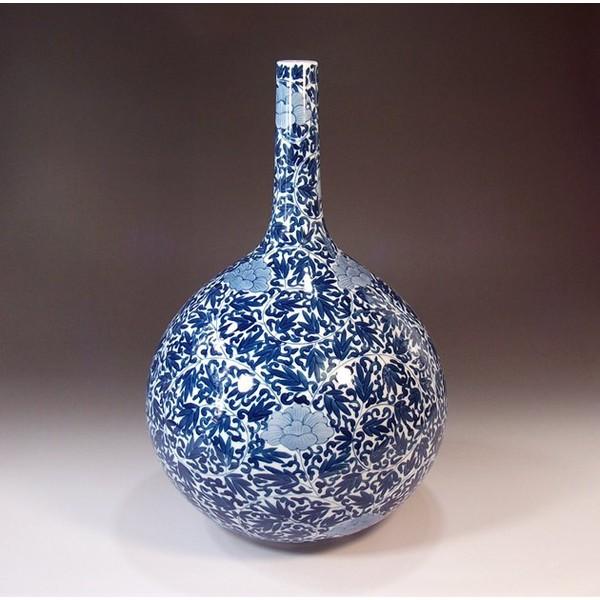 有田焼 染付名取り草唐草文様鶴首花立て｜陶器作り書きて 藤井錦彩 作 花瓶、花台-花瓶、花器-花、ガーデニング