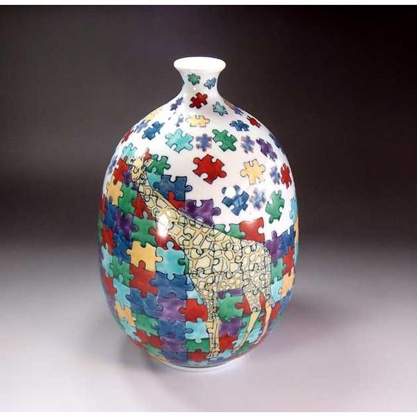 有田焼 色鍋島様式パズルキリン絵花瓶｜陶芸作家 藤井錦彩 作 : 有田焼