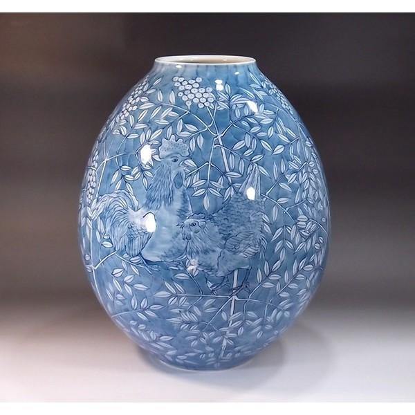 有田焼 染付鶏南天絵花瓶｜陶芸作家 藤井錦彩 作 : 有田焼 藤井錦彩窯