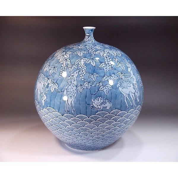 超歓迎 伝統工芸 手造り総手描きの高級陶器花瓶 有田焼 作 藤井錦彩 染付青海波葡萄鹿絵花瓶 陶芸作家 花瓶 花台