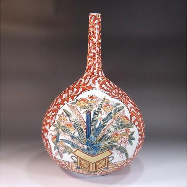 有田焼 古伊万里様式金彩唐草割花篭絵鶴首花瓶｜陶芸作家　藤井錦彩 作