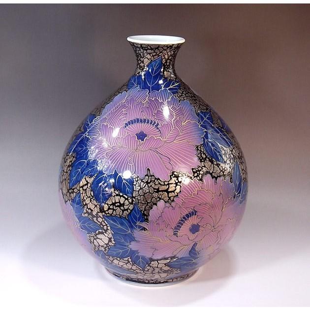 有田焼 天目釉プラチナ彩釉裏紅牡丹絵花瓶｜陶芸作家 藤井錦彩 作