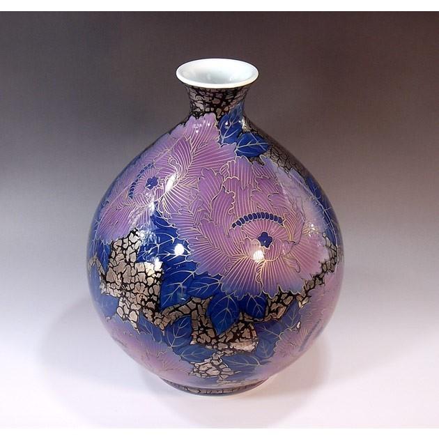 有田焼 天目釉プラチナ彩釉裏紅牡丹絵花瓶｜陶芸作家 藤井錦彩 作