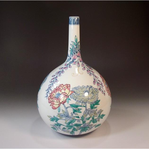 染錦名取り草飾り付け鶴首花立て｜有田焼 陶器作り書き手 藤井錦彩作