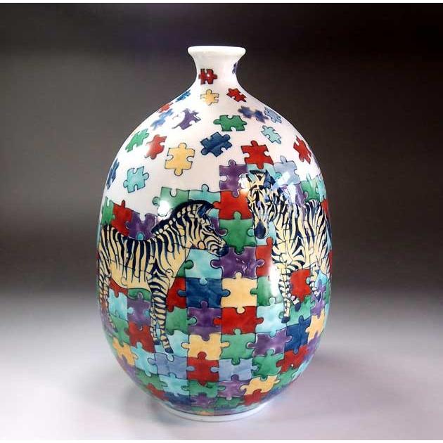 色鍋島、壺 色鍋島様式パズルゼブラ絵花瓶｜有田焼 陶芸作家 藤井錦彩作