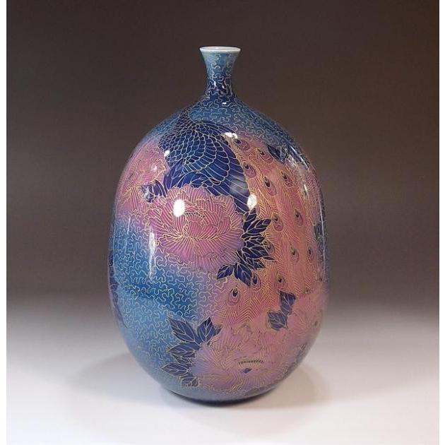 有田焼　藤井錦彩　花瓶　手描七宝文様　高28cm　送料無料　共箱しおり 有田焼 陶芸家 藤井錦彩作】有田焼美術品 染錦金彩青海波桜絵飾り花瓶