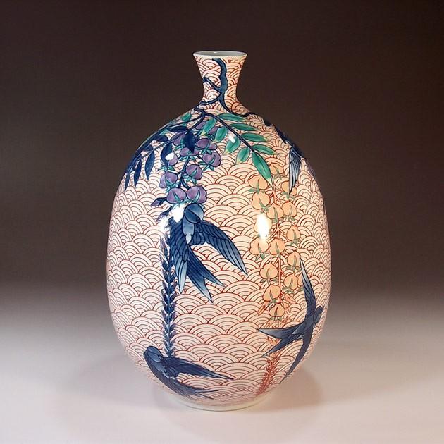 染錦青海波藤燕絵花瓶｜有田焼 陶芸作家　藤井錦彩作