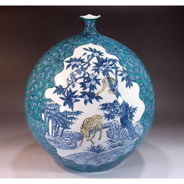 有田焼 色鍋島様式唐草割鯉猿鹿景図花瓶｜陶芸作家 藤井錦彩 作