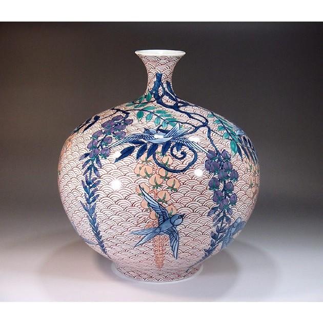 有田焼 色鍋島様式波文様藤燕絵花瓶｜陶芸作家　藤井錦彩 作