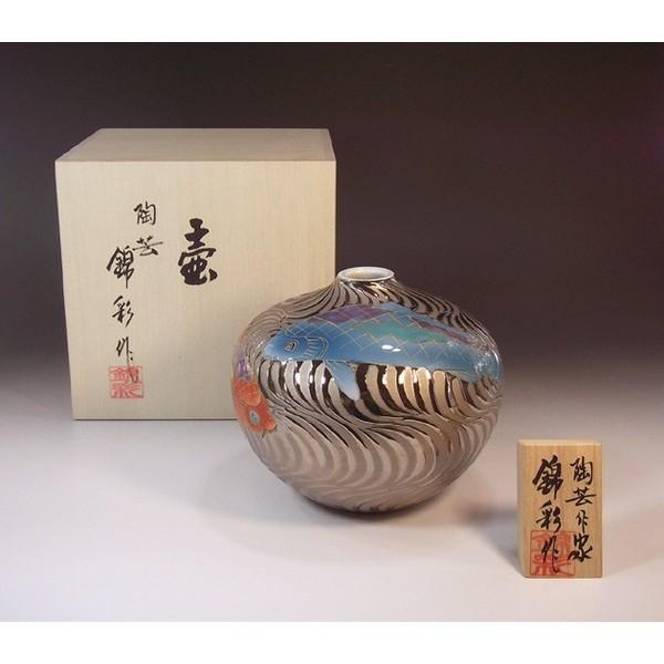 有田焼 染錦プラチナ彩流水鯉絵花瓶｜陶芸作家　藤井錦彩 作