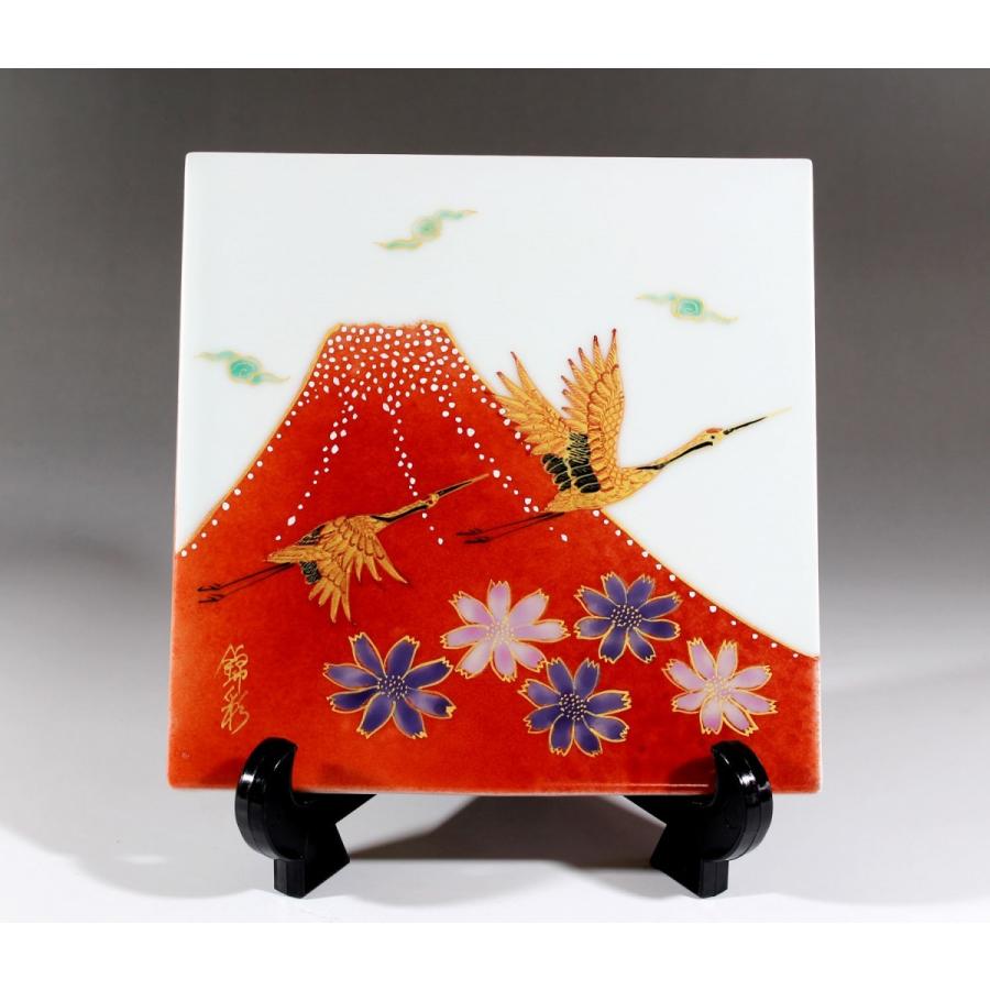 辰砂釉金彩赤富士山コスモス鶴絵陶板画｜有田焼 陶芸作家　藤井錦彩作