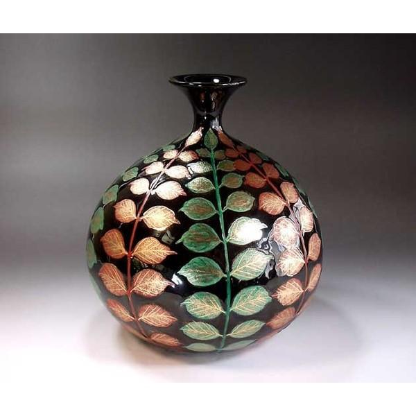 有田焼 天目釉金彩木の葉文様花瓶｜陶芸作家 藤井錦彩 作