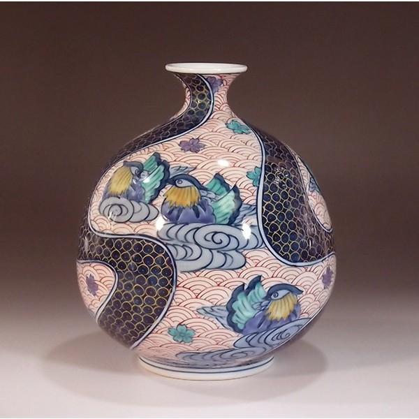 有田焼 染錦金彩流水割青海波鴛鴦絵花瓶｜陶芸作家 藤井錦彩 作 【公式