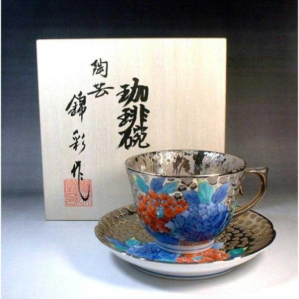 有田焼 染錦プラチナ彩牡丹絵コーヒーカップ｜陶芸家　藤井錦彩作