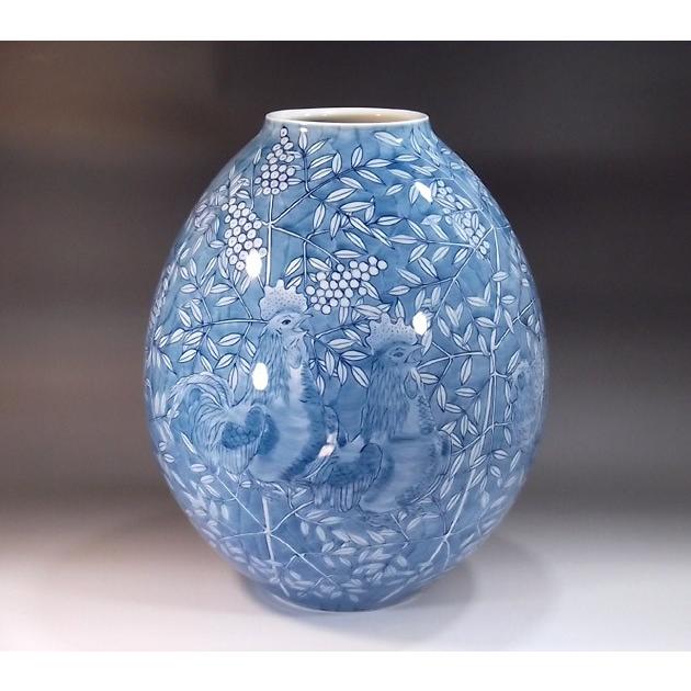 染付鶏南天絵花瓶｜有田焼 陶芸作家 藤井錦彩作 : 有田焼 藤井錦彩窯