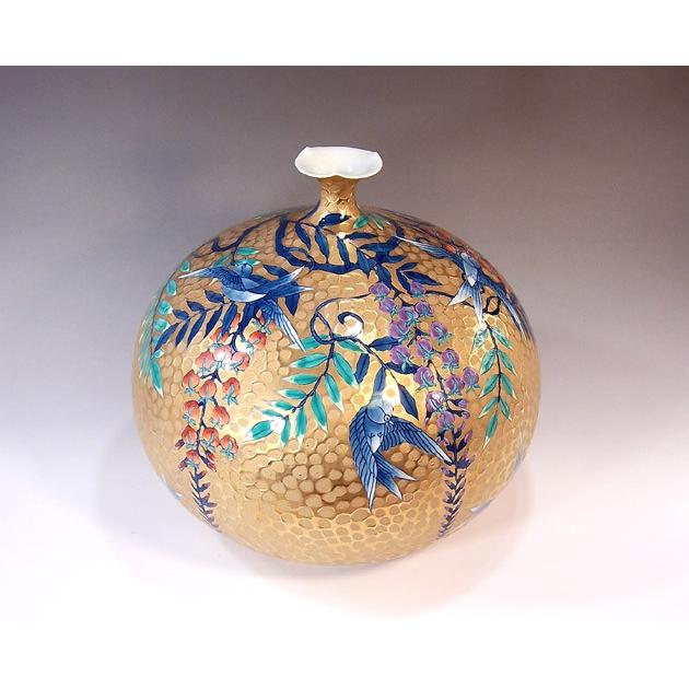 染錦黄金藤燕絵花瓶｜有田焼 陶芸作家 藤井錦彩作 : 有田焼 藤井錦彩窯