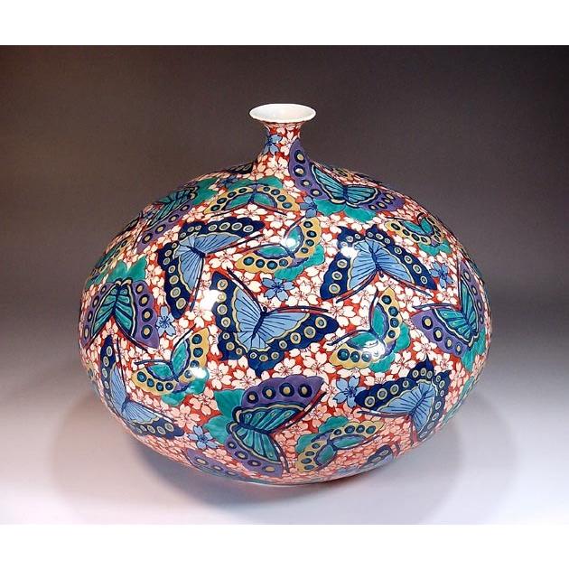 有田焼 藤井錦彩 染錦 桜絵 菖蒲絵 扇割 美術品 鶴首 花瓶 共箱 2393 有田焼 陶芸家 藤井錦彩作】有田焼美術品 染錦金彩釉裏紅墨はじき青海