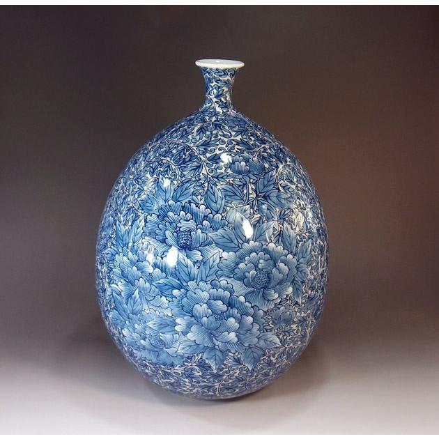 染付金彩唐草牡丹絵花瓶｜有田焼 陶芸作家 藤井錦彩作 : 有田焼 藤井錦