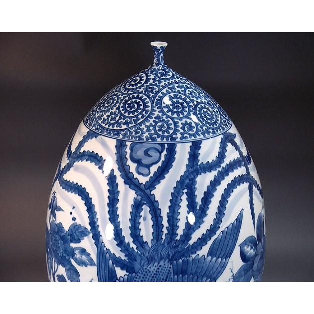 染付蛸唐草割椿牡丹鳳凰絵花瓶｜有田焼 陶芸作家 藤井錦彩作 : 有田焼