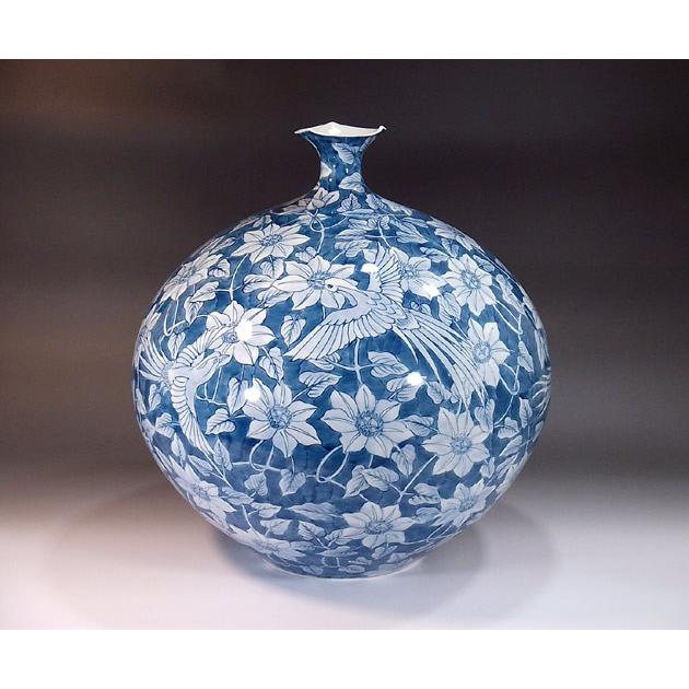 美術有田焼　花瓶 染付鉄線花鳳凰絵花瓶｜有田焼 陶芸作家 藤井錦彩作 : 有田焼 藤井錦彩