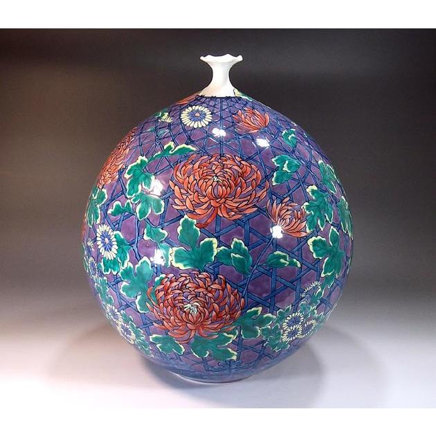 有田焼 藤井錦彩 作 染錦菊絵 花瓶 箱入り 有田焼 藤井錦彩 作 染錦