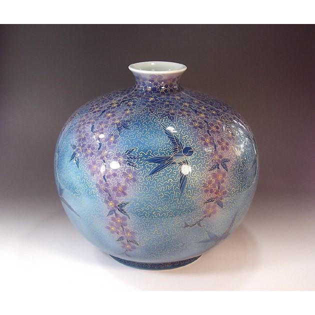 高級感 手轆轤 総手描きの美術品 伝統工芸 金彩釉裏紅桜燕絵花瓶 有田焼 藤井錦彩作 陶芸作家 花瓶 花台