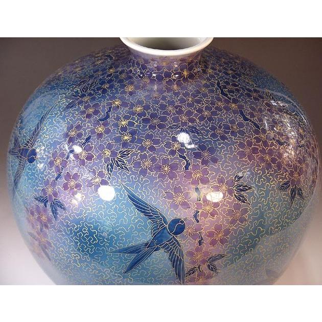 高級感 手轆轤 総手描きの美術品 伝統工芸 金彩釉裏紅桜燕絵花瓶 有田焼 藤井錦彩作 陶芸作家 花瓶 花台