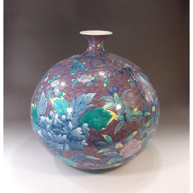 青と金のツル装飾陶器花瓶 有田焼 染付金彩唐草文様鶴首花瓶｜陶芸作家 藤井錦彩 作 : 有田焼