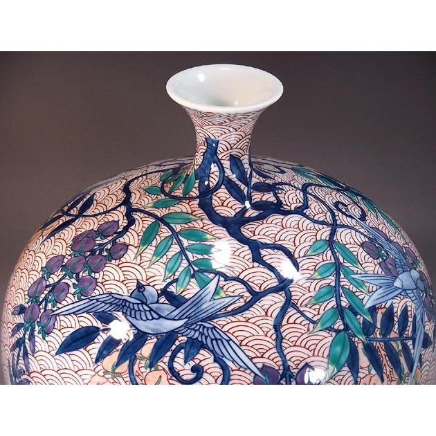 色鍋島様式波文様藤燕絵花瓶｜有田焼 陶芸作家 藤井錦彩作 : 有田焼