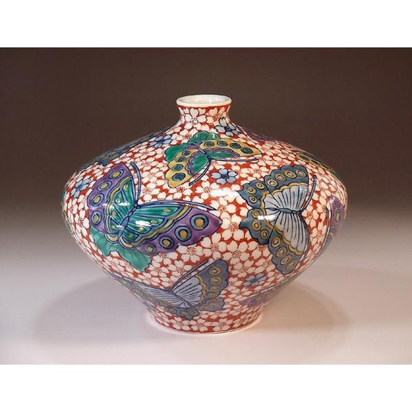 多色彩の花と蝶の陶器花瓶 多色彩の花と蝶の陶器花瓶