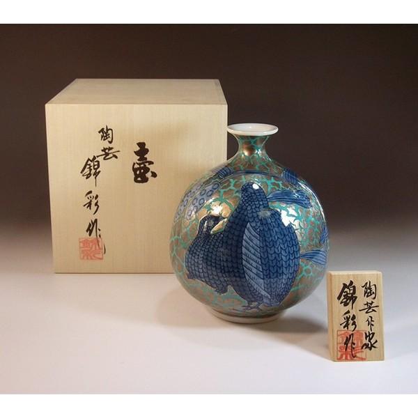有田焼 染錦プラチナ彩鶉絵花瓶｜陶芸作家　藤井錦彩 作