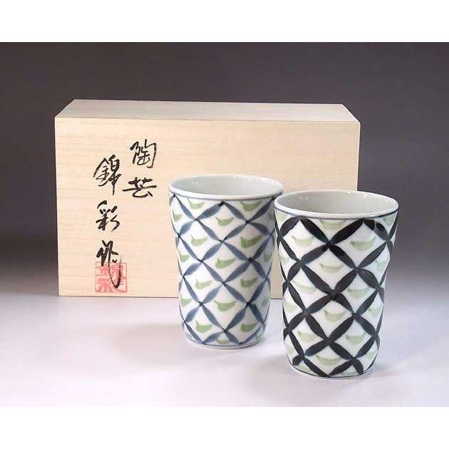 染付七宝文様焼酎カップ・ペア｜有田焼 陶芸家　藤井錦彩作