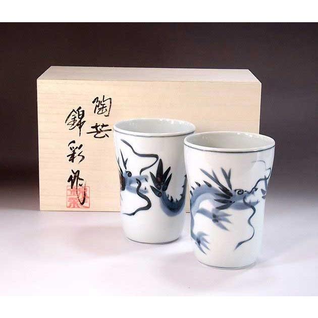染付龍絵焼酎カップ・ペア｜有田焼 陶芸家　藤井錦彩作