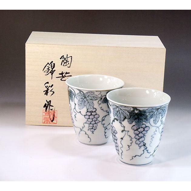 青磁染付葡萄絵焼酎カップ・ペアセット｜有田焼 陶芸家 藤井錦彩作