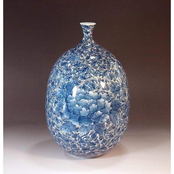 有田焼 金彩牡丹花瓶 花器 壺 有田焼 染付金彩唐草牡丹絵花瓶｜陶芸作家 藤井錦彩 作 : 有田焼 藤井