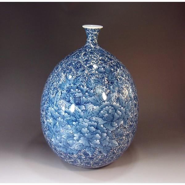 贅沢 伝統工芸 手造り総手描きの高級陶器花瓶 有田焼 作 藤井錦彩 染付金彩唐草牡丹絵花瓶 陶芸作家 インテリア雑貨