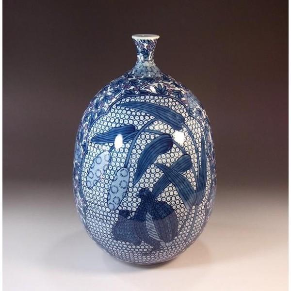 有田焼 染錦唐草割鶉雀絵花瓶｜陶芸作家 藤井錦彩 作 : 有田焼 藤井錦