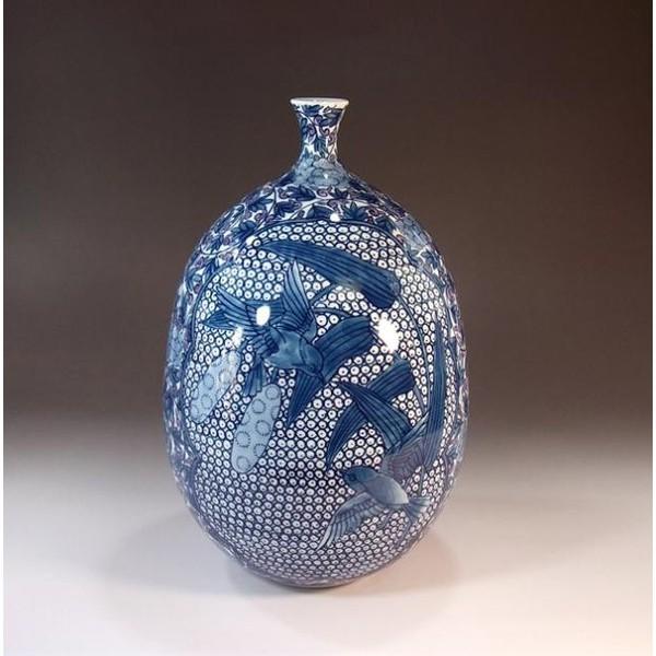 有田焼 染錦唐草割鶉雀絵花瓶｜陶芸作家 藤井錦彩 作 : 有田焼 藤井錦