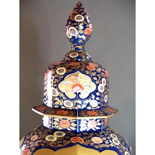 希少　湖東焼飾り壺　金襴手立体釉　大型美品 金欄手様式花籠絵飾り特大沈香壺｜有田焼 陶芸作家 藤井錦彩作