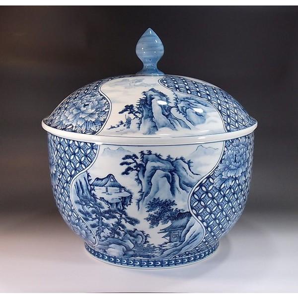 有田焼 染付七宝文様景色画飾りつけ蓋壺｜陶物作り原作者 藤井錦彩 作 花、ガーデニング-花瓶、花器