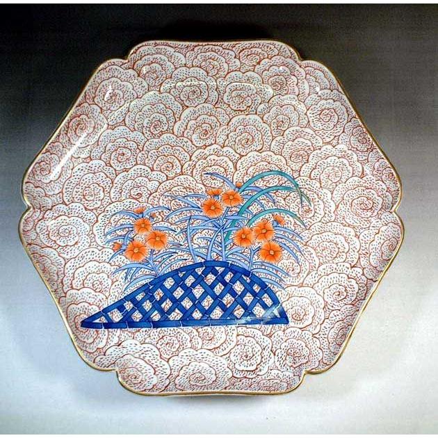 有田焼 陶芸家 藤井錦彩作 染錦紅雲撫子絵盛込大鉢 : 有田焼 藤井錦彩 