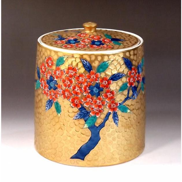 有田焼 染錦丸紋様壺 作者 藤井錦彩 藤井錦彩作 手描き花模様 陶器の壺