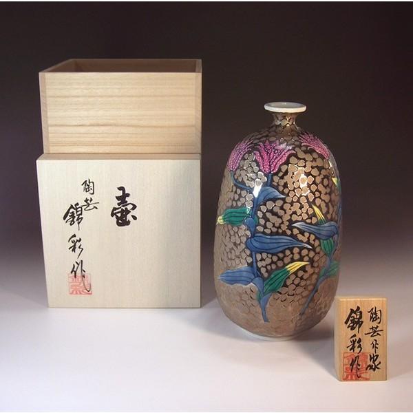 有田焼・色鍋島様式の陶器花瓶・あじさい絵