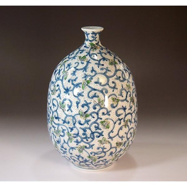 藤井錦彩 陶器花瓶 青 蛸唐草模様 有田焼 染錦金彩唐草蝶絵