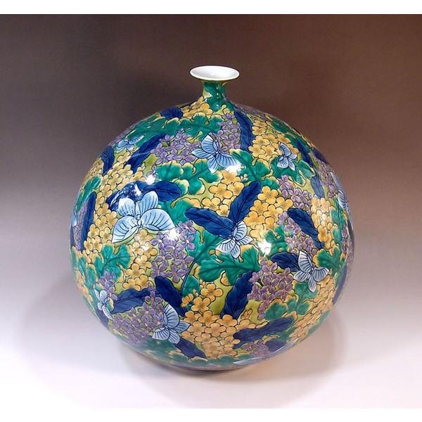 有田焼　藤井錦彩　伝統工芸作家　染錦花絵　花瓶　花入り 有田焼 染錦菜の花蝶絵花瓶｜陶芸作家 藤井錦彩 作 : 有田焼 藤井錦彩