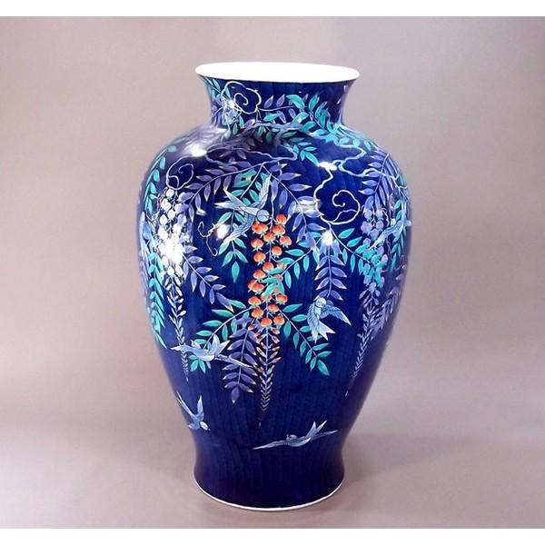 春新作の 伝統工芸 手造り総手描きの高級陶器花瓶 有田焼 作 藤井錦彩 色鍋島様式藤燕絵特大花瓶 陶芸作家 インテリア雑貨